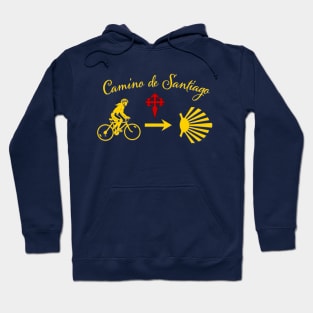 Camino de Santiago Typography Woman Riding a Bicycle Yellow Arrow Scallop Shell Red Cross Hoodie